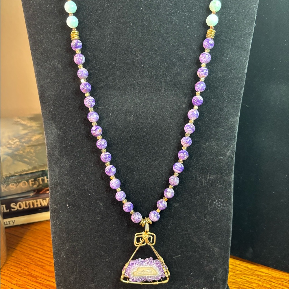 Vibrant Purple, Green and Clear Stone Beaded Necklace with Pendant